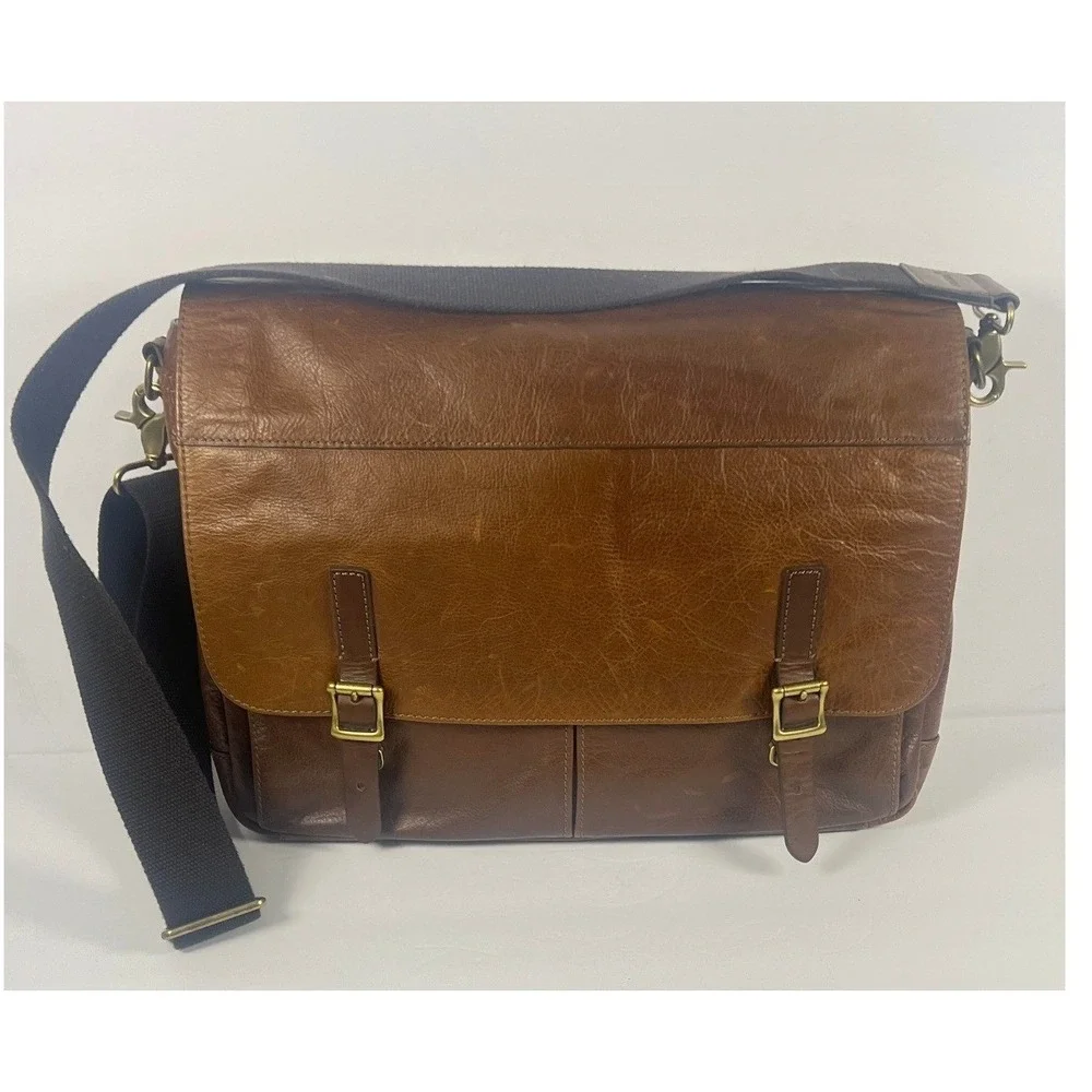 Fossil Defender Leather Messenger Bag Laptop Briefcase Crossbody Satchel Brown